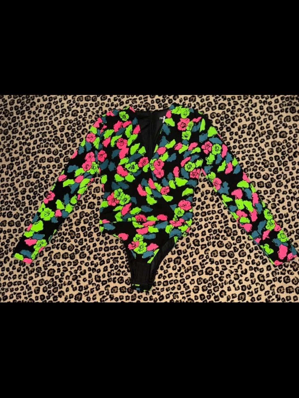 Zara Black One-Piece with Neon Pink & Neon Green Floral Print